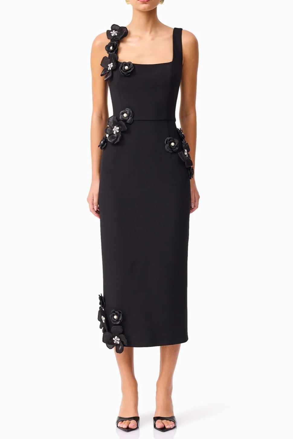 Sabrina 3DD Flower Midi Dress in Black Soraya