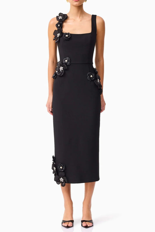 Sabrina 3DD Flower Midi Dress in Black