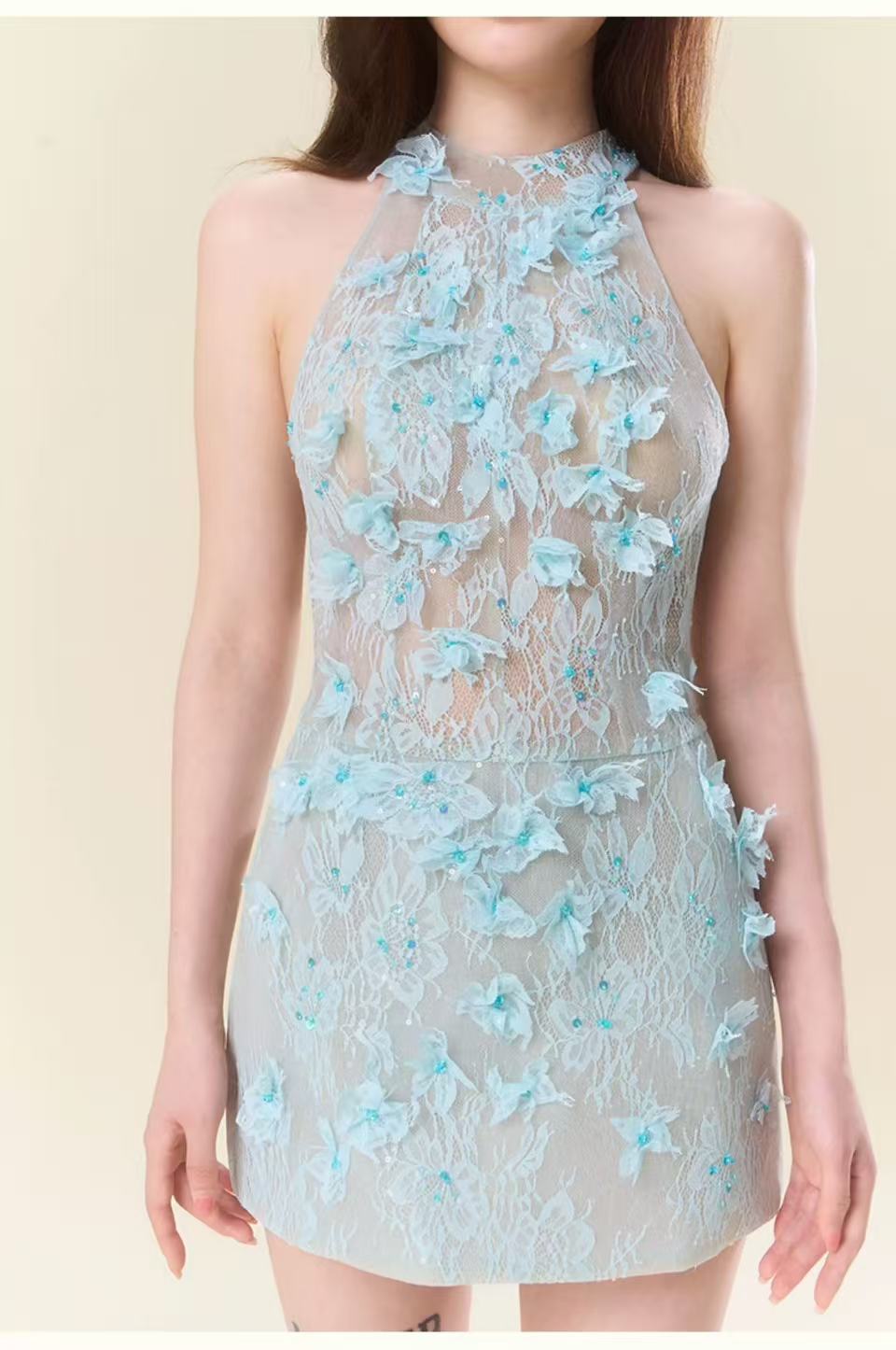 Floral Lace Mini Dress In blue Avalabel