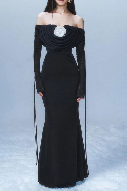 lila flower embellished pleated strapless maxi dress in black