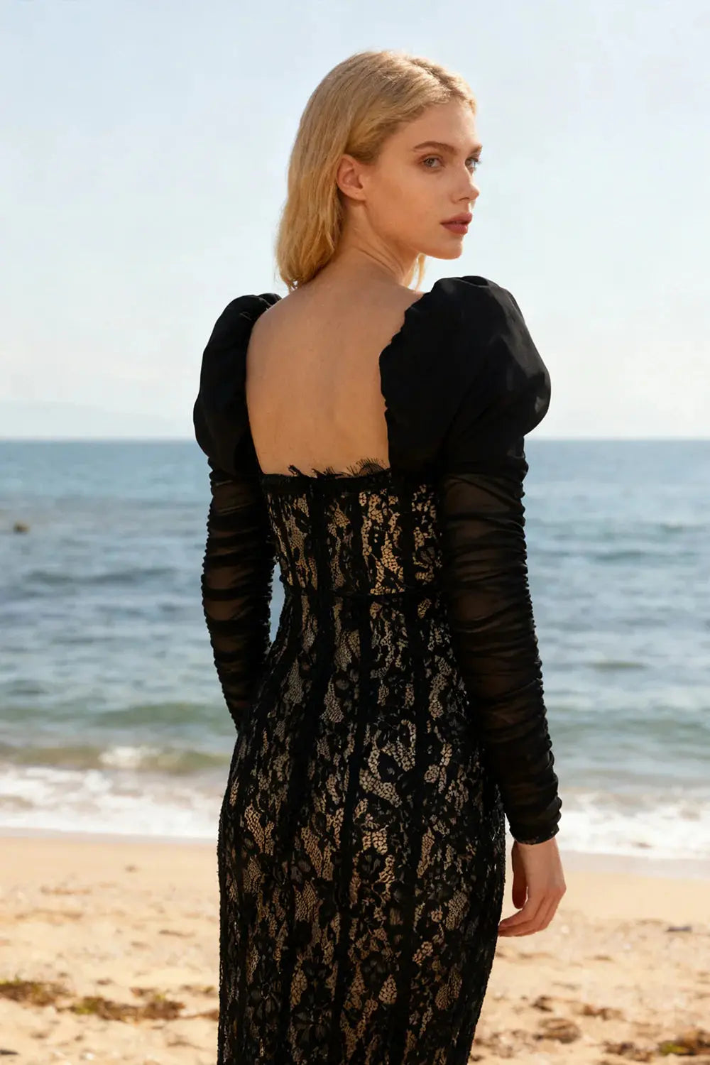 wendy square neck lace maxi dress in black Avalabel