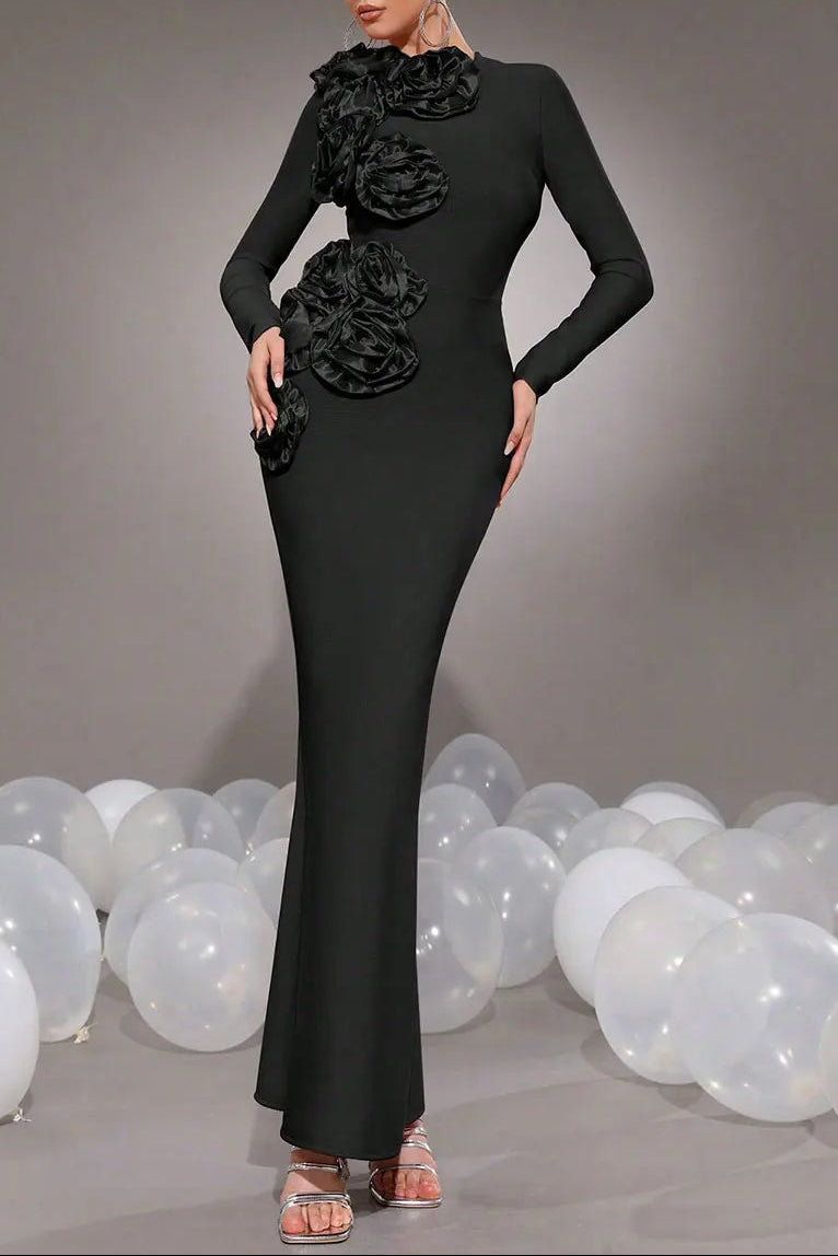 sally 3D Flower Decorative Bandage maxi Dress in black Avalabel