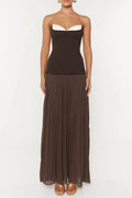 Nelly Pleated Detail Strapless Maxi Dress in Brown Avalabel
