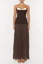 Nelly Pleated Detail Strapless Maxi Dress in Brown Avalabel