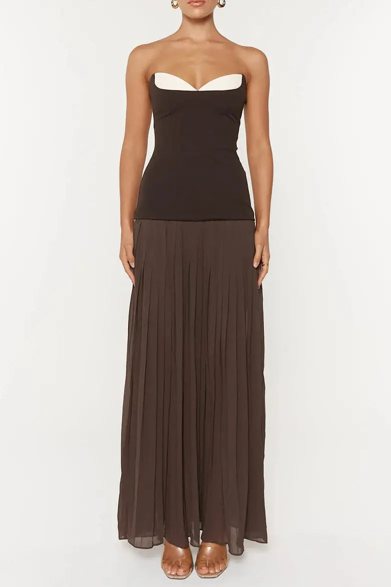 Nelly Pleated Detail Strapless Maxi Dress in Brown Avalabel