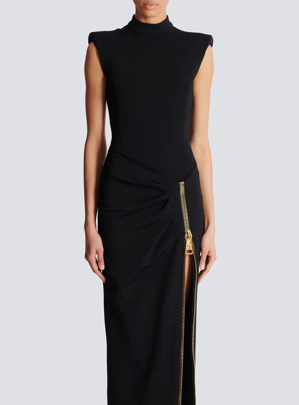 black Sleeveless Zipper high Slit Elastic jersey maxi Dress Avalabel