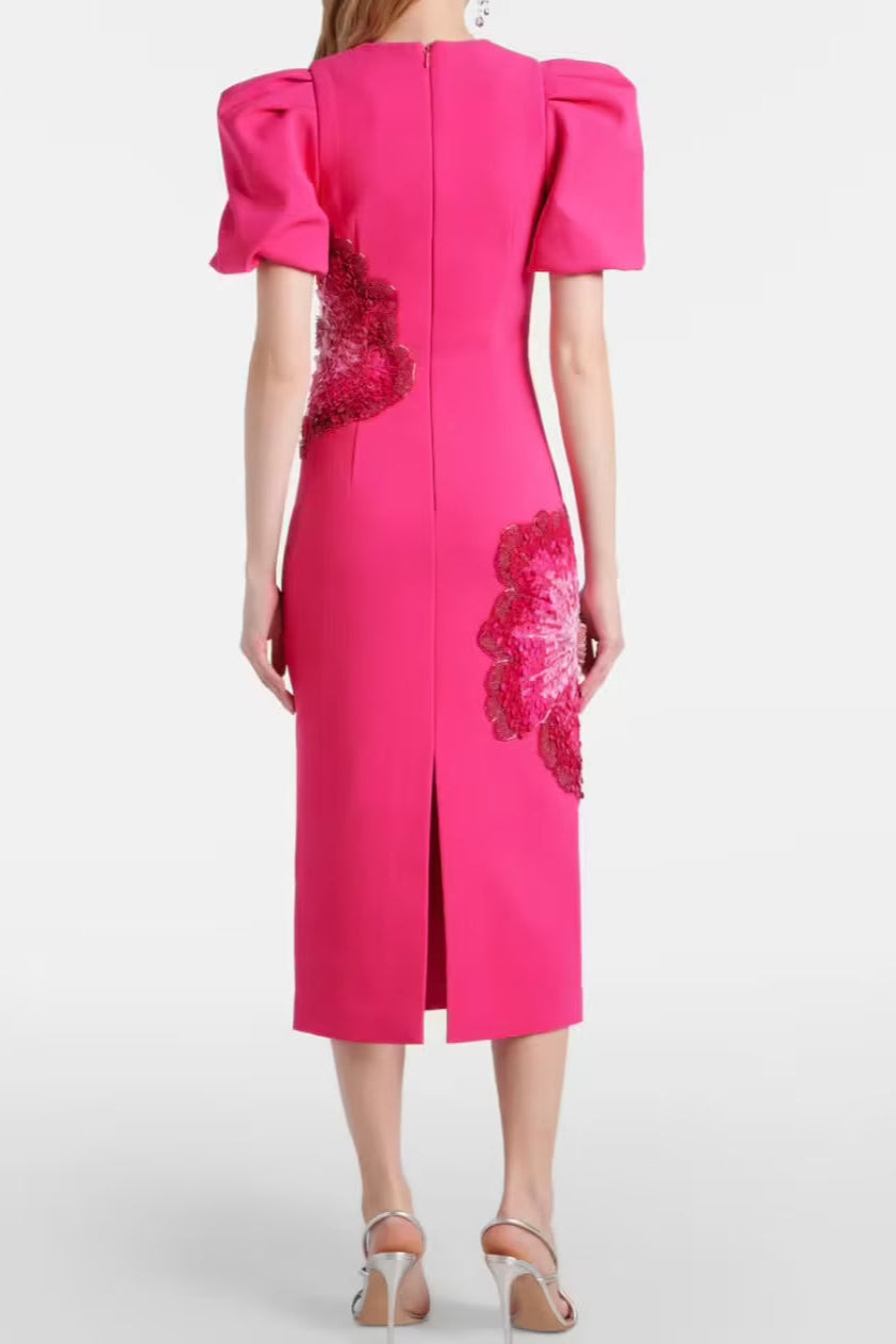 Sequin Flower Embellished Puff Sleeve Midi Dress in Pink Avalabel