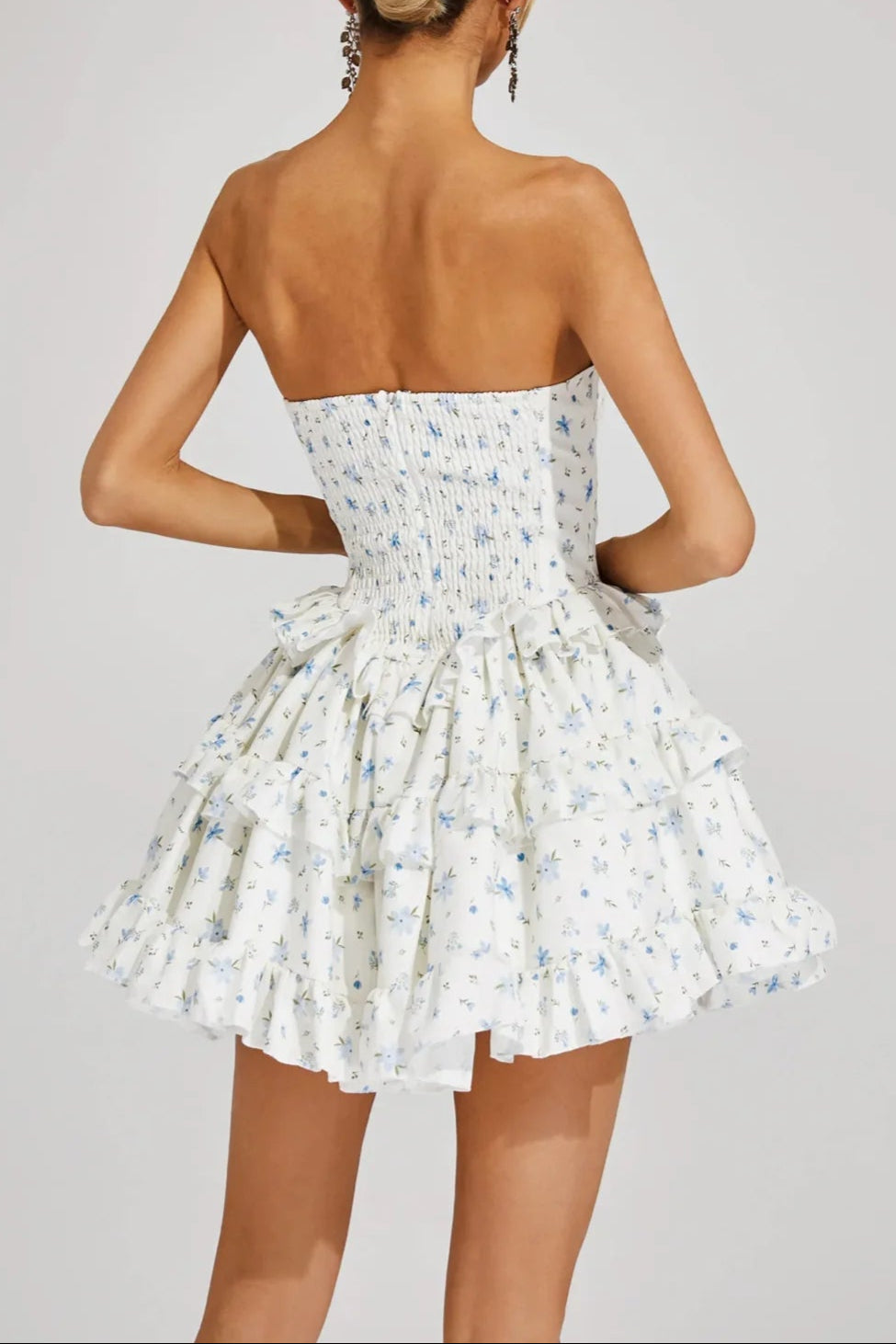 Martha Ruffle Printed Strapless Mini Dress in Blue Avalabel