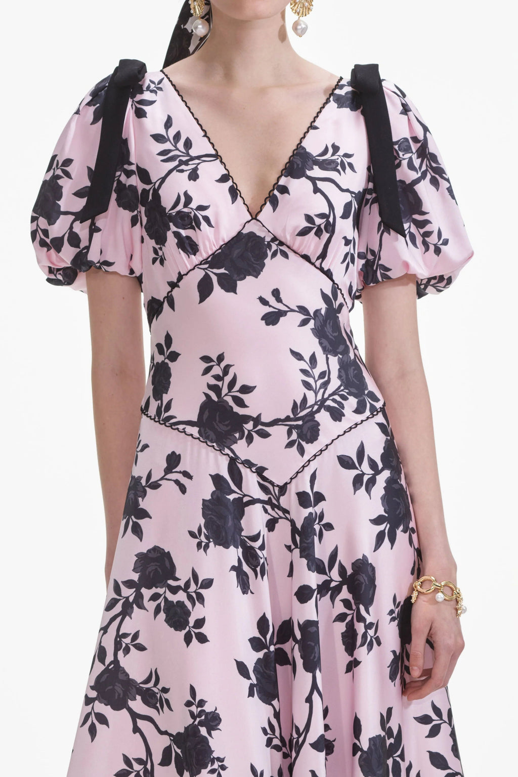 V-Neck Satin Floral Midi Dress in Pink Avalabel