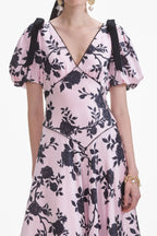 V-Neck Satin Floral Midi Dress in Pink Avalabel