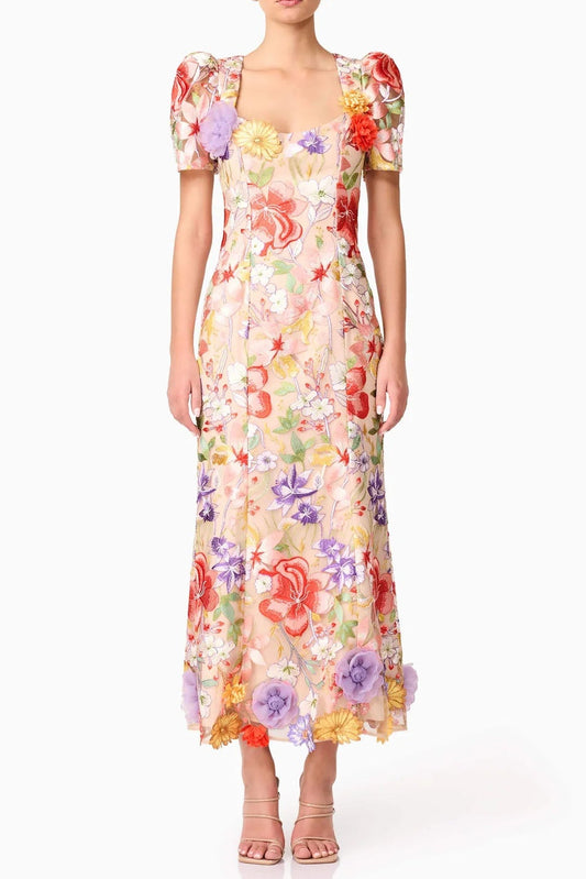 trista multicolor Square Neck backless Mesh Embroidered Fishtail maxi Dress