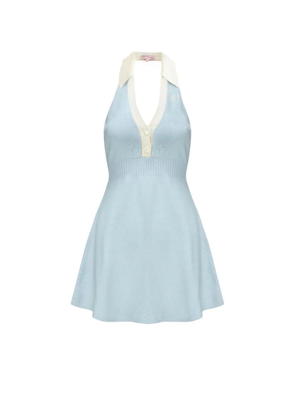 Halter Backless Knit Mini Dress in Blue