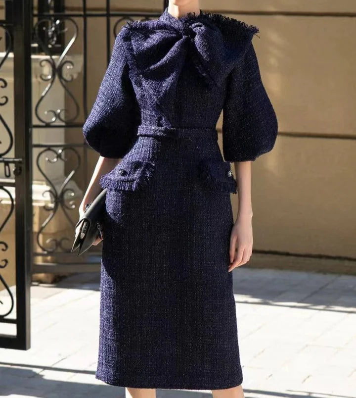 mildred Tweed bow collar midi dress in dark blue Avalabel