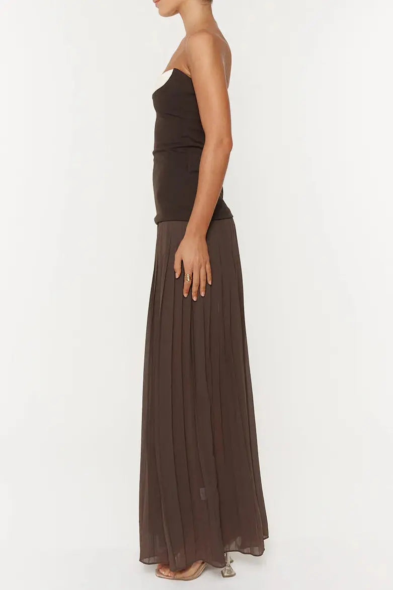 Nelly Pleated Detail Strapless Maxi Dress in Brown Avalabel