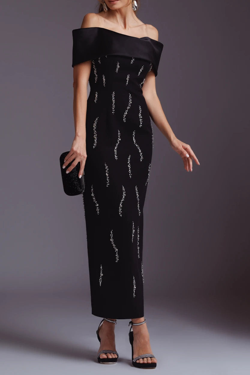 laurel Off-shoulder rhinestone bandage maxi dress in black Avalabel