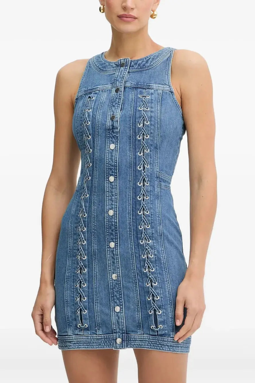 selena buttoned lace-up sleeveless mini dress in navy blue Avalabel