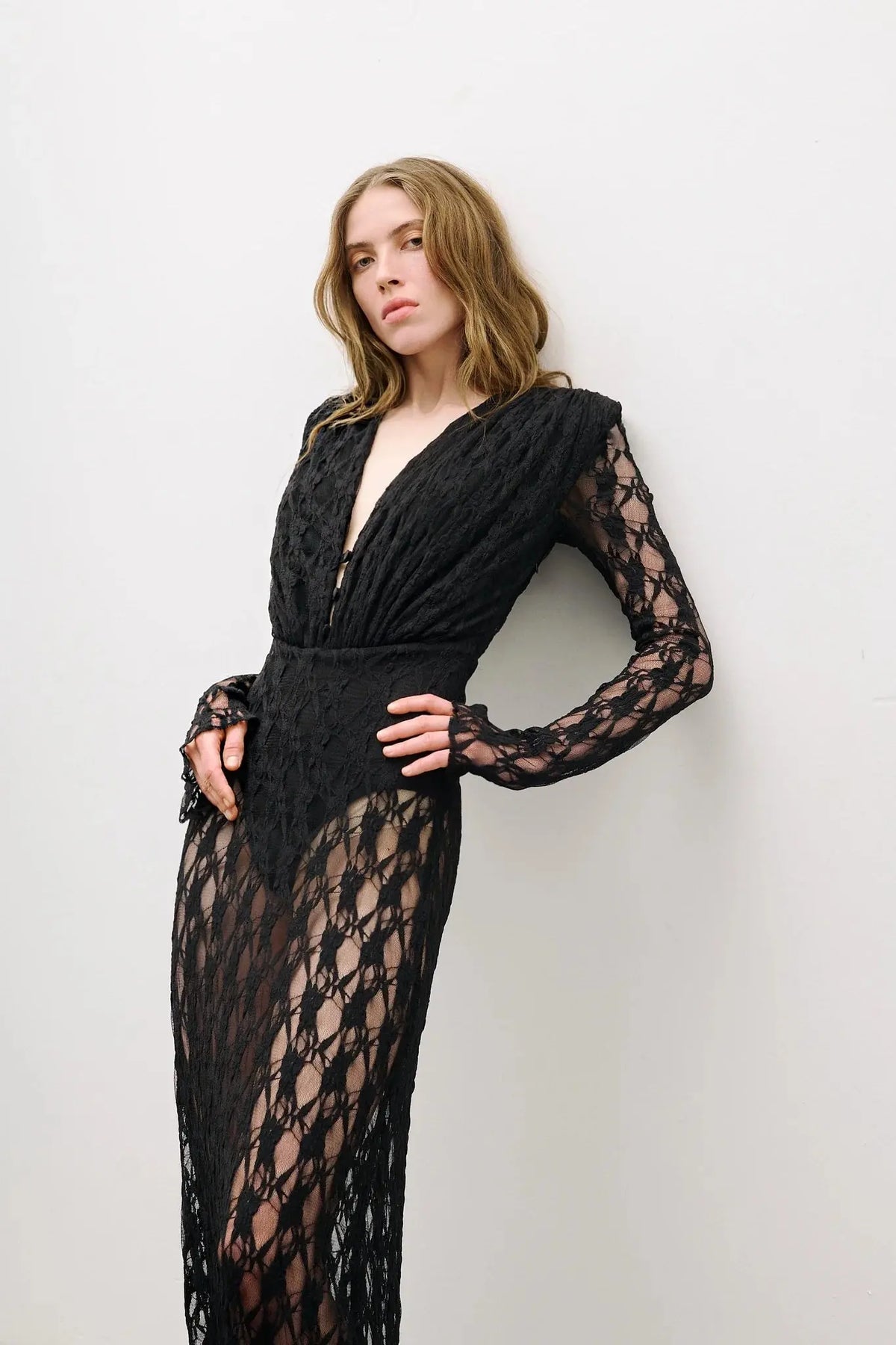 gwendolyn v neck hollow long sleeve lace maxi dress  in black Avalabel