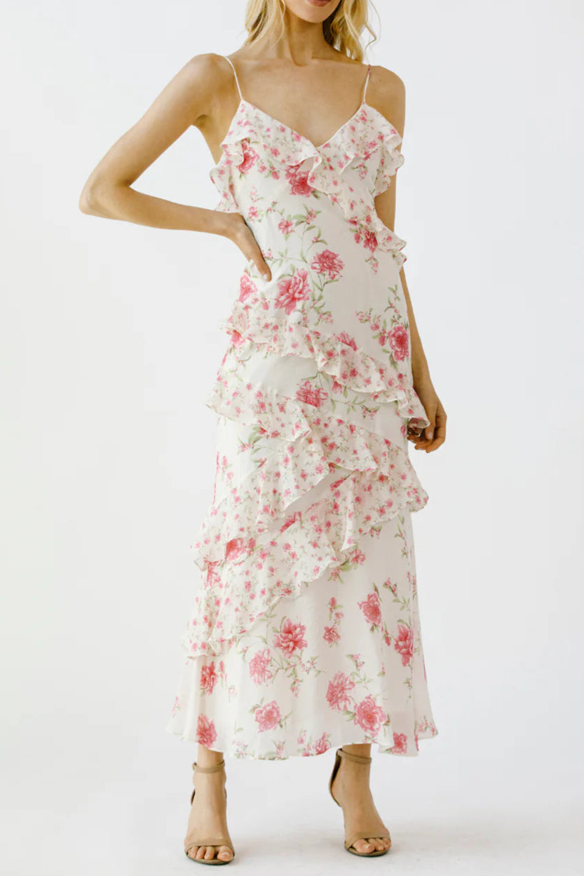 Floral Ruffle Tiered Maxi Dress - Pink & Lvory Avalabel