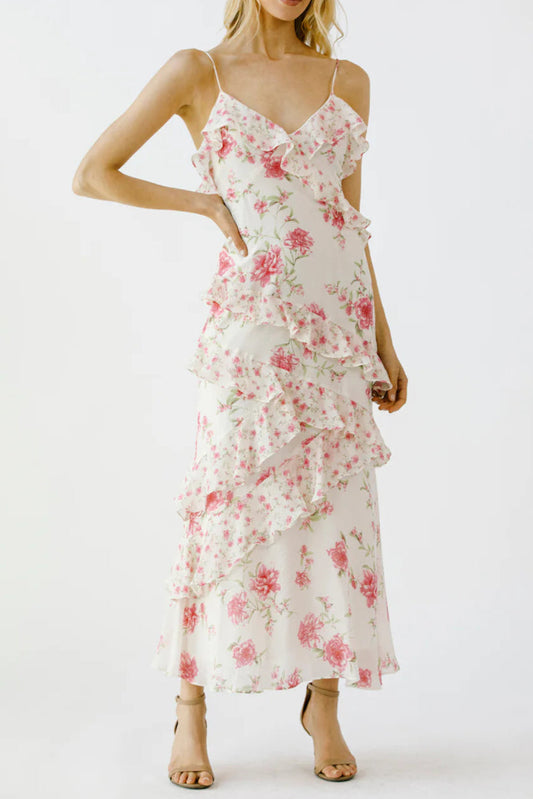 Floral Ruffle Tiered Maxi Dress - Pink & Lvory