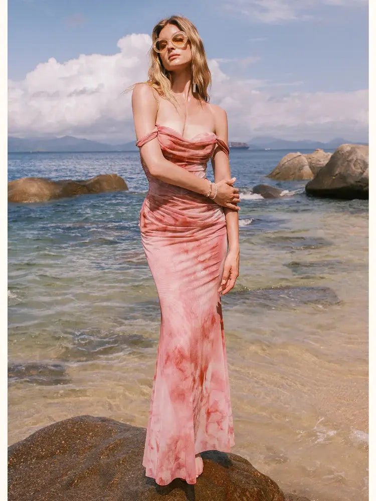 sylvia pink Off-shoulder Pleated Gradient-dyed maxi Dress Avalabel