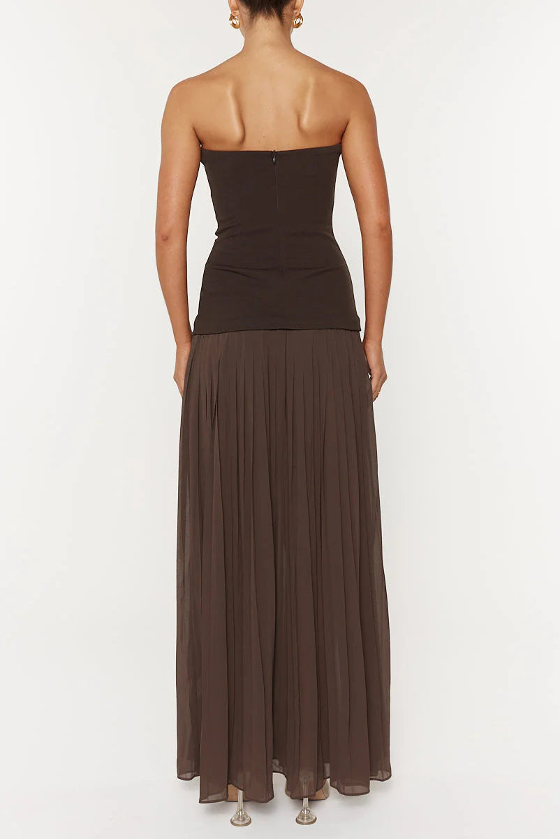 Nelly Pleated Detail Strapless Maxi Dress in Brown