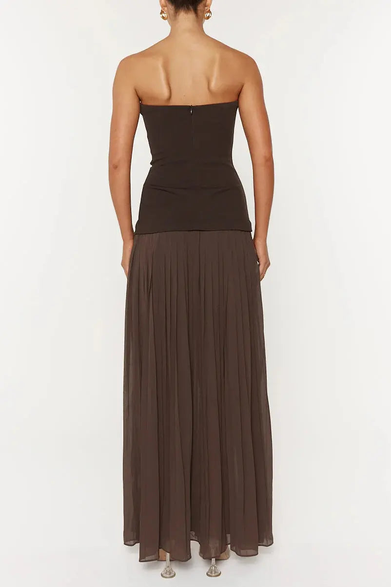 Nelly Pleated Detail Strapless Maxi Dress in Brown Avalabel