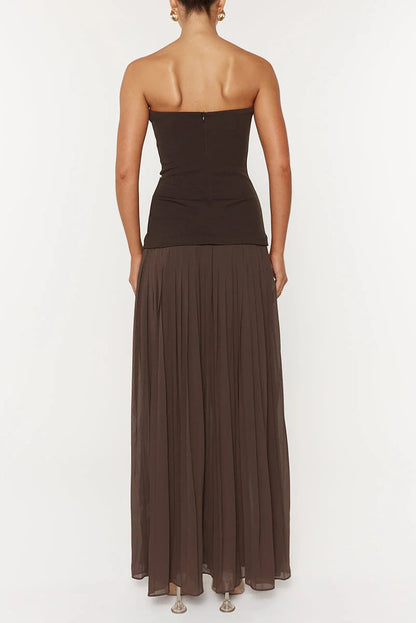 Nelly Pleated Detail Strapless Maxi Dress in Brown