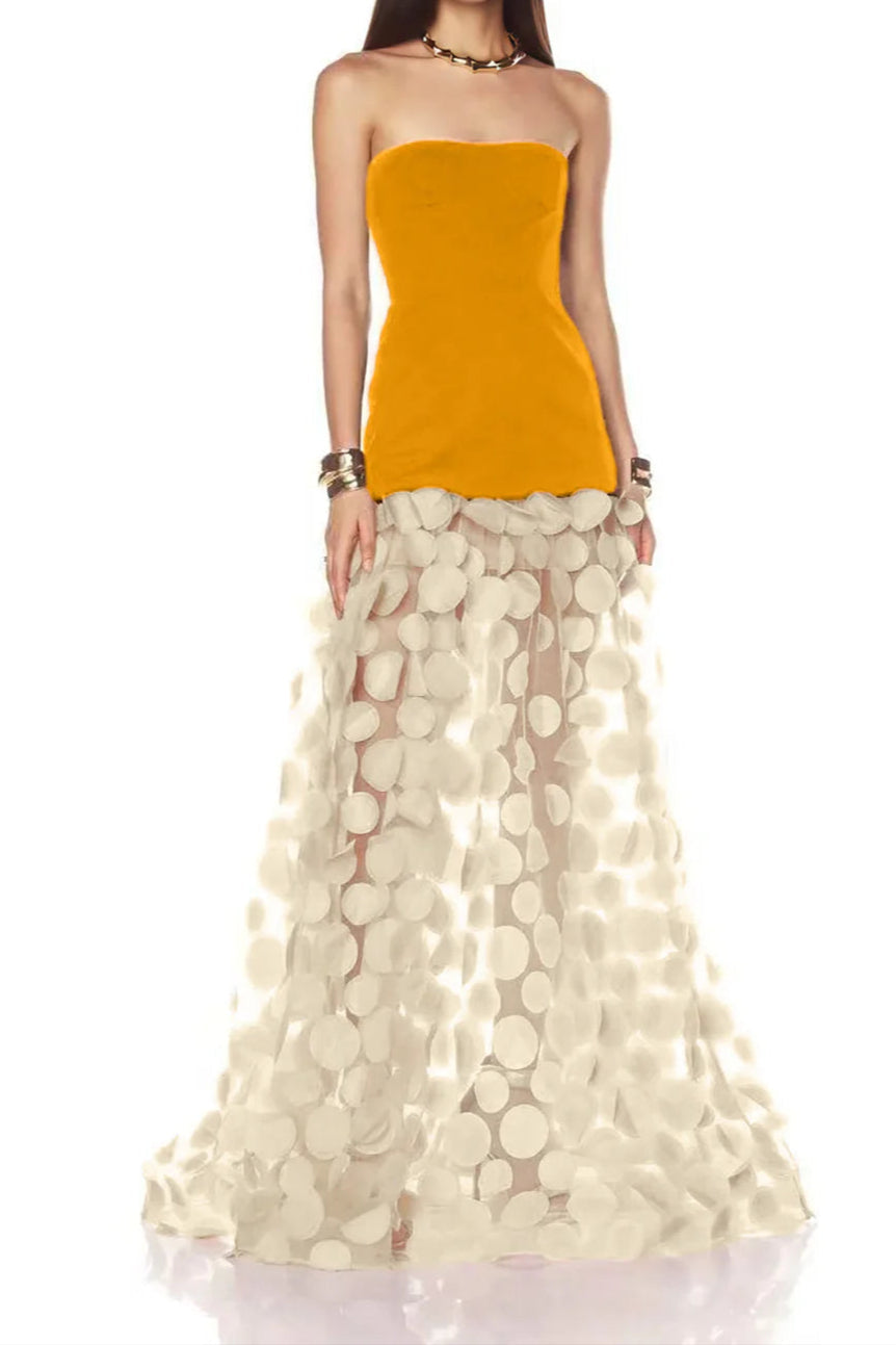 Nodin Strapless Dot Mesh Maxi Dress in Orange Avalabel