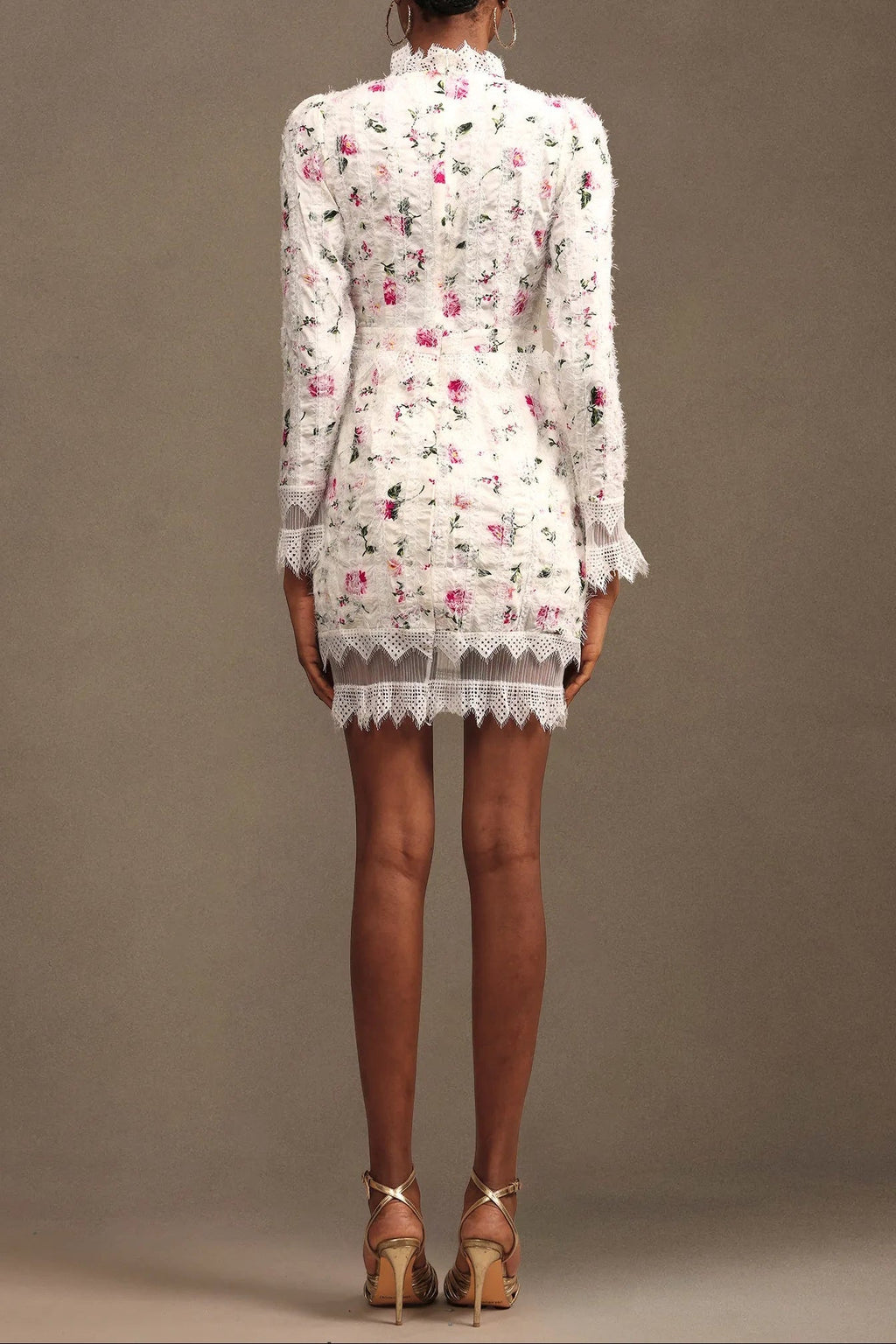 sebastiane Lace-trim long-sleeve floral midi dress in white Avalabel