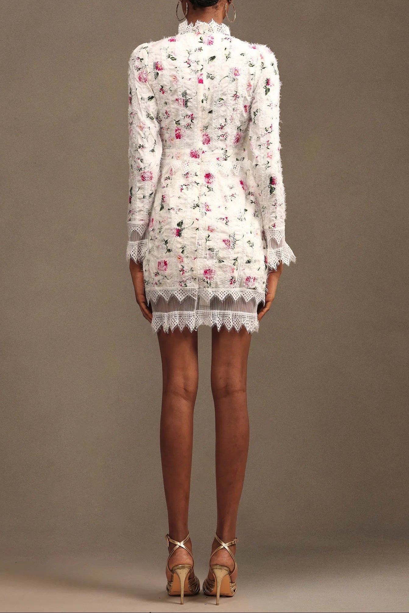 sebastiane Lace-trim long-sleeve floral midi dress in white Avalabel