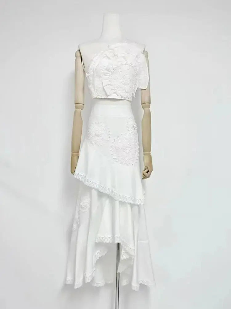 Nina Ruffled Strapless Top Floral Embroidered Mermaid Skirt Set - White Avalabel