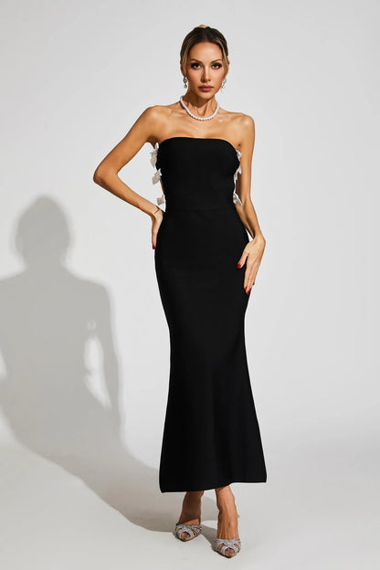 Jocelyn Bowknot-Side Bandage Strapless Maxi Dress in Black