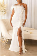 FEATHER STRAPLESS MAXI DRESS IN WHITE Avalabel