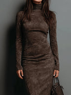 High Neck Long Sleeve Suede Midi Dress Avalabel
