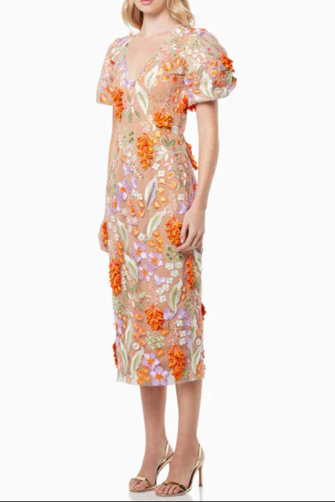 Mesh Embroidered 3D Flower V-neck Puff Sleeves Midi Dress in Orange Avalabel