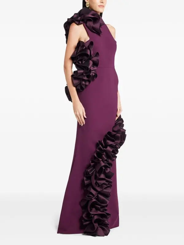joanna ruffled-appliqué bodycon gown Claret Avalabel