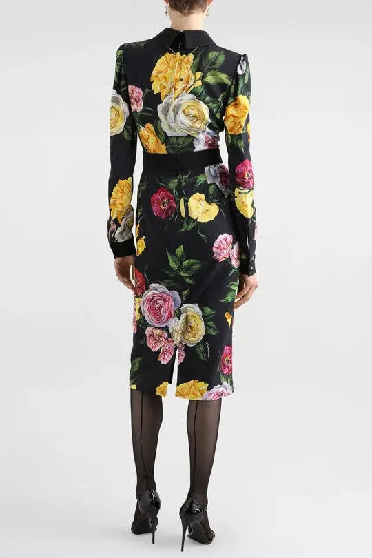 bernice rose print shirt midi dress in black Avalabel