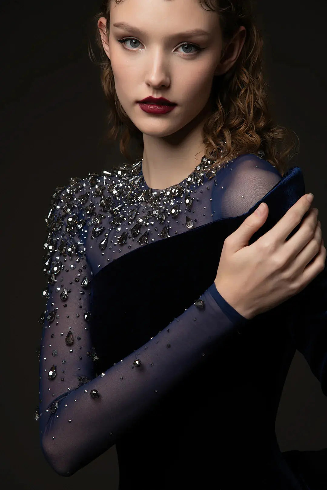 riva crystal patchwork Velvet Column maxi Dress in dark blue Avalabel