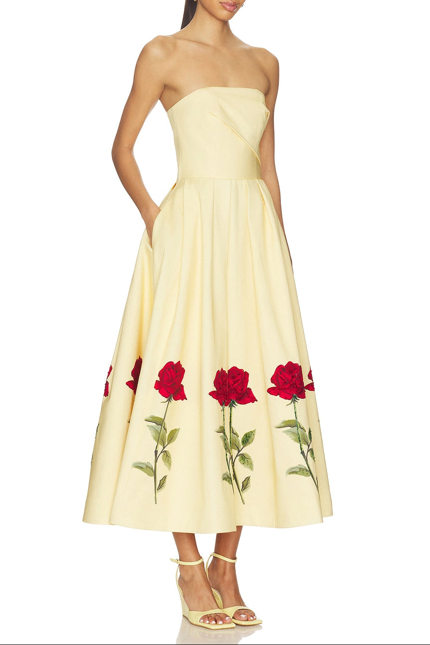 Leona Satin Floral Print Off-Shoulder Midi Dress Avalabel