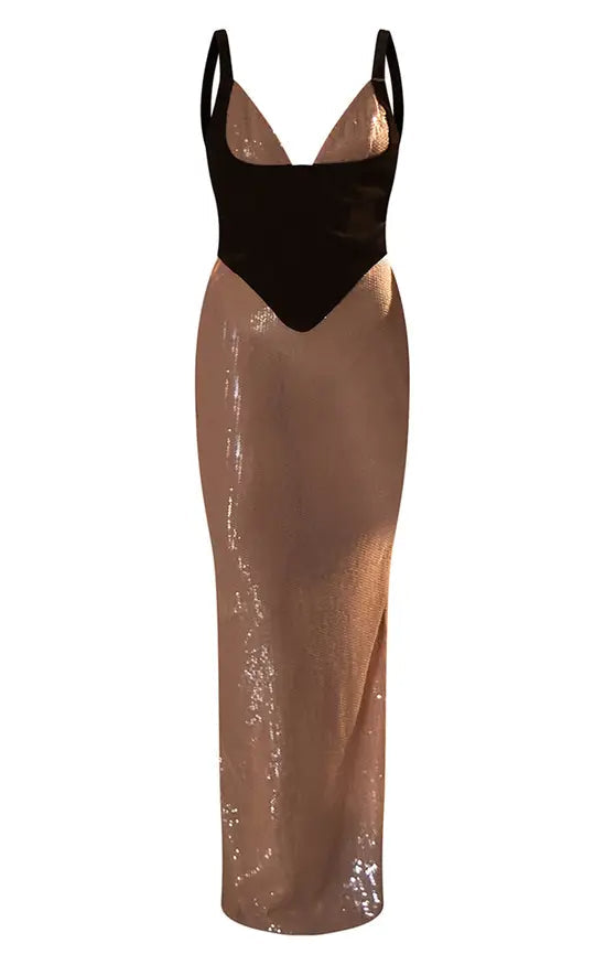 Lila Nude Sequin Contrast Velvet Corset Maxi Dress Avalabel