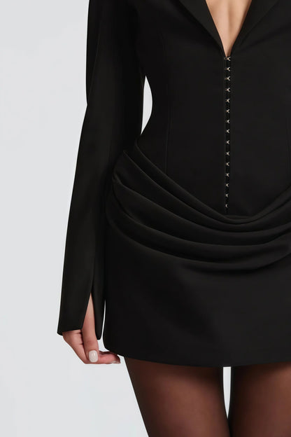 amelia v-neck ruched Blazer Mini Dress in black
