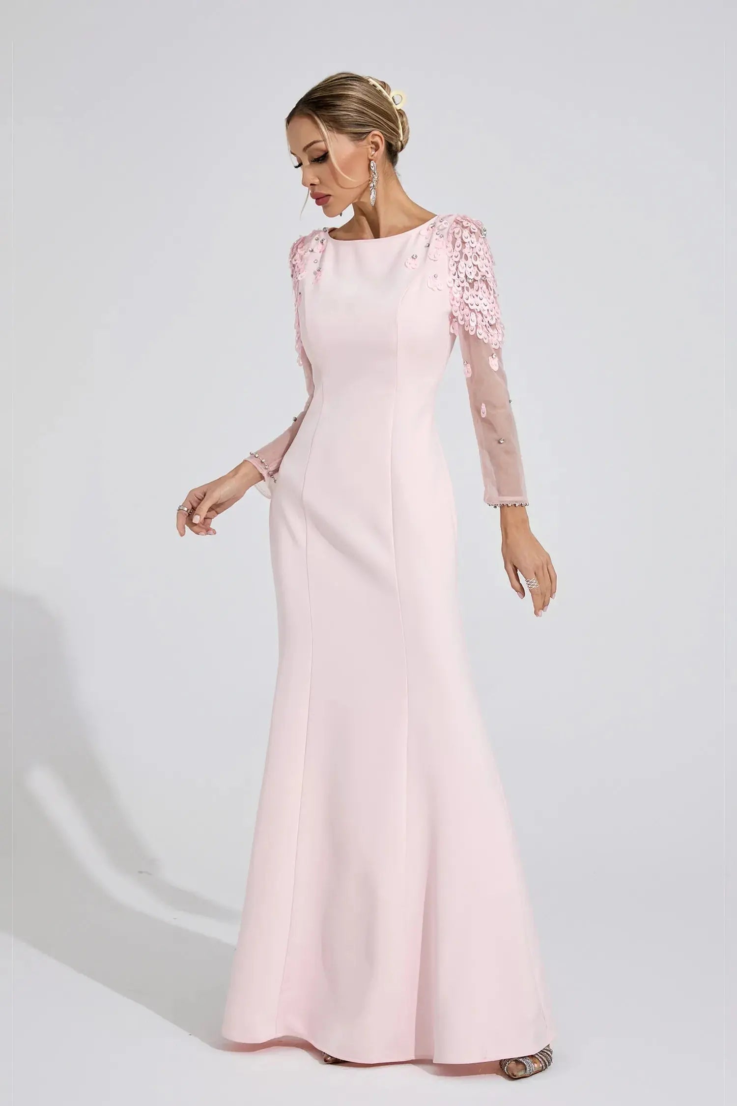 Victoria Pink Sequin Mesh Sleeve Maxi Dress Avalabel