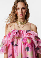 Hedwig Off-Shoulder Floral Printed Ruffle Maxi Dress in Rose Red Avalabel
