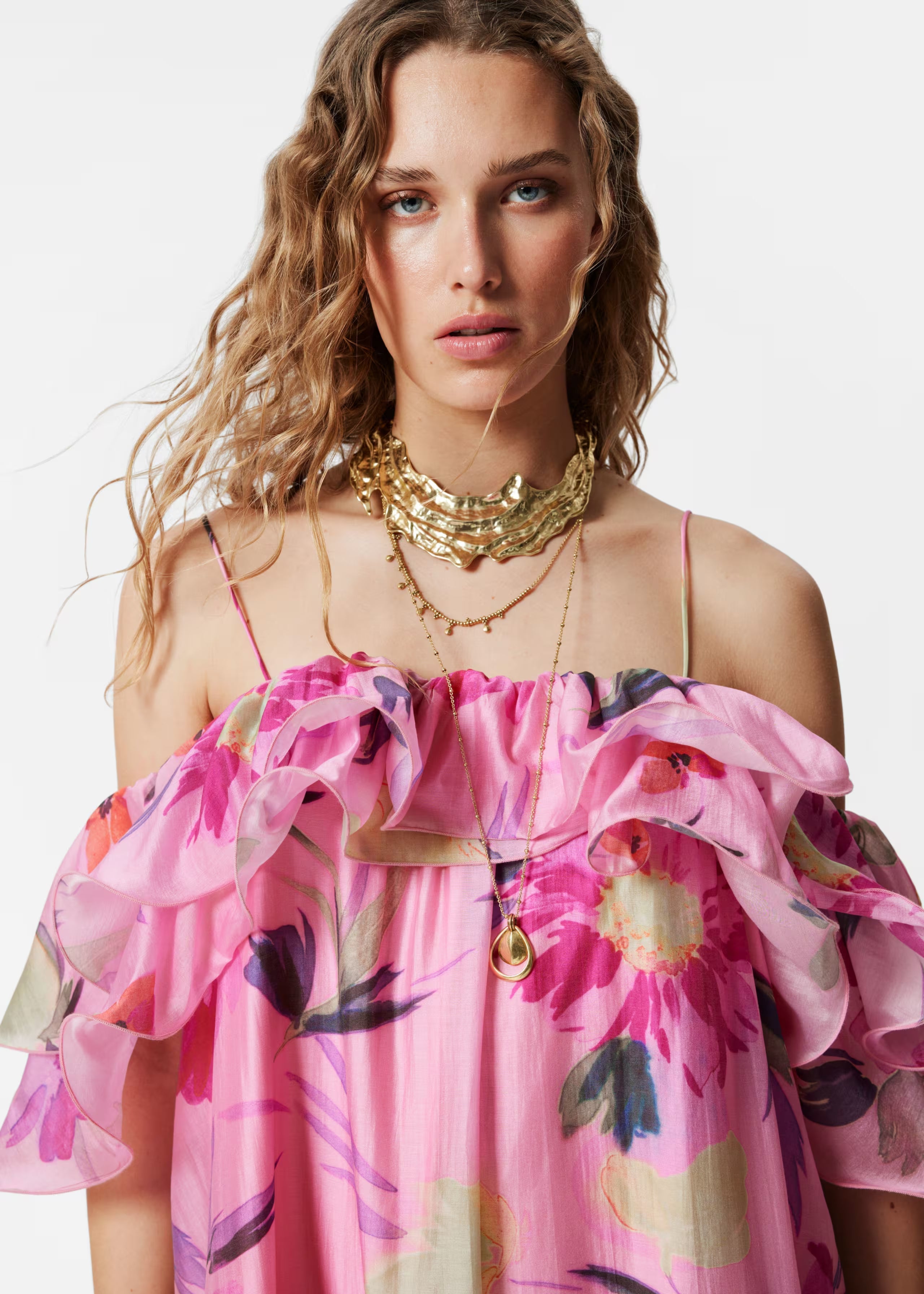 Hedwig Off-Shoulder Floral Printed Ruffle Maxi Dress in Rose Red Avalabel