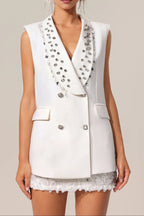 White V-Neck Sleeveless Diamond Midi Suit Top Avalabel