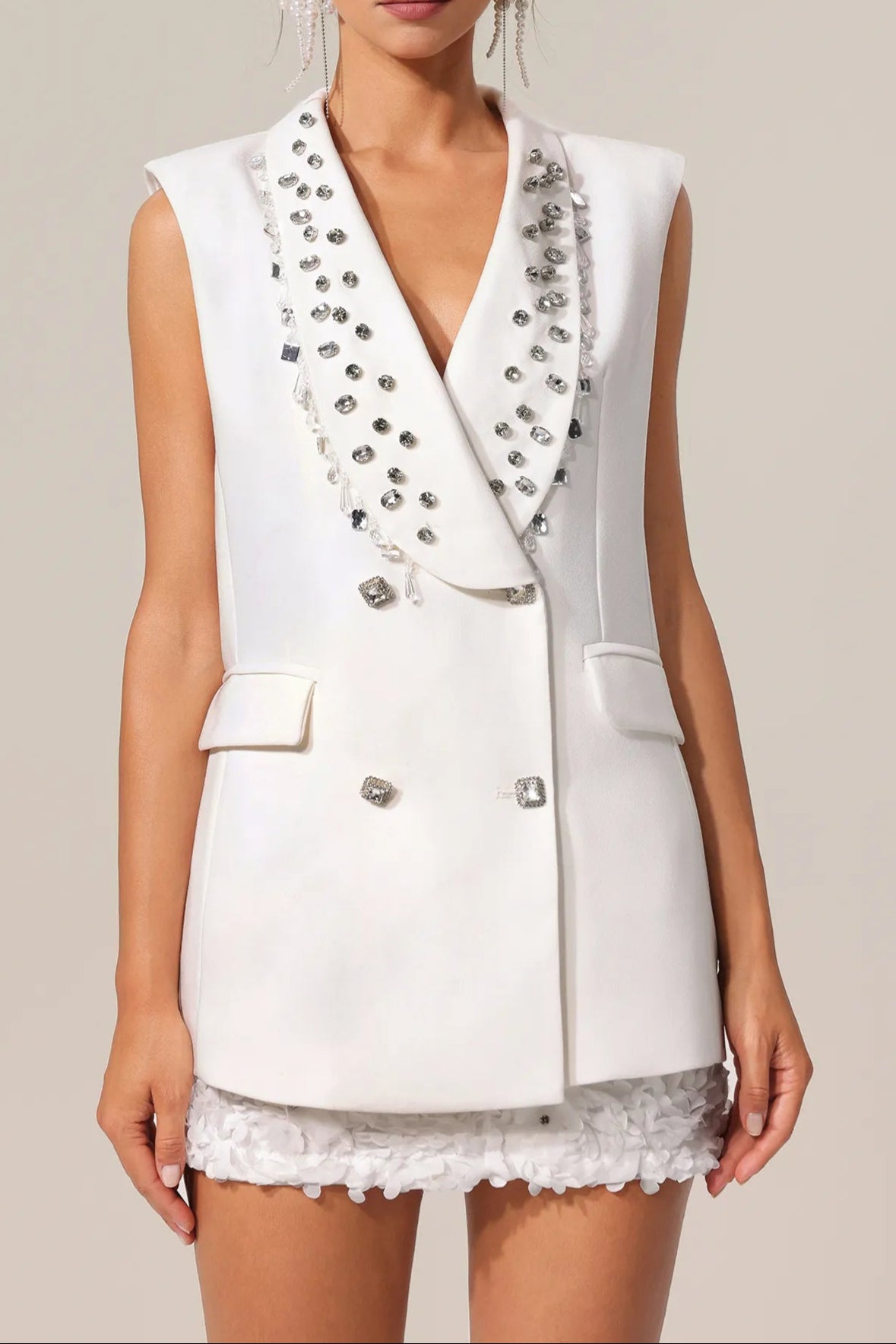 White V-Neck Sleeveless Diamond Midi Suit Top Avalabel
