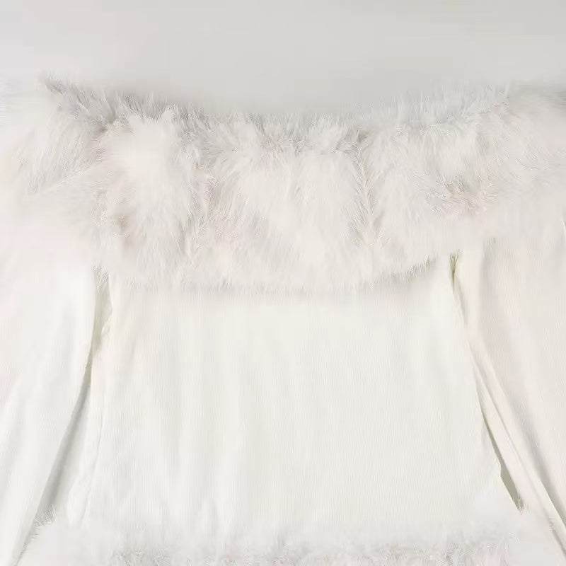 White Strapless faux fur slim mini dress Avalabel