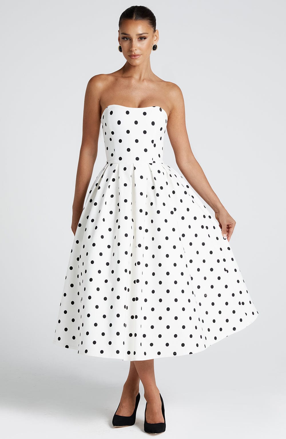 Edith Midi Dress - Black Polka Dot Print Avalabel