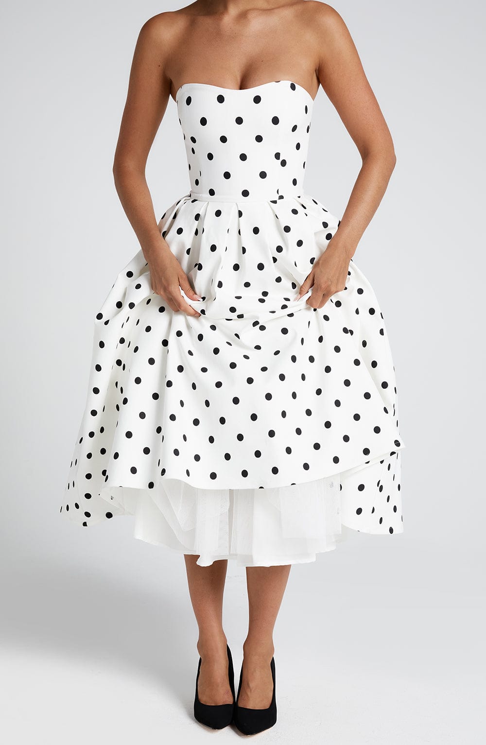 Edith Midi Dress - Black Polka Dot Print Avalabel