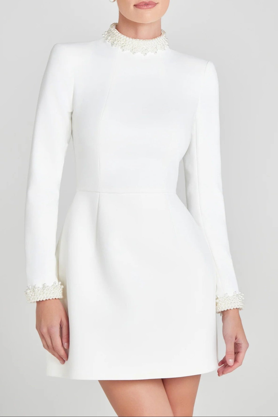 Beaded Cuffs Long Sleeve Mini Dress in White Avalabel